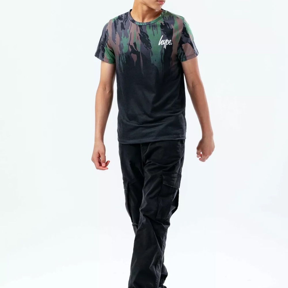 Hype Boys Black Camo Fade Script Logo Print Short Sleeve T-Shirt